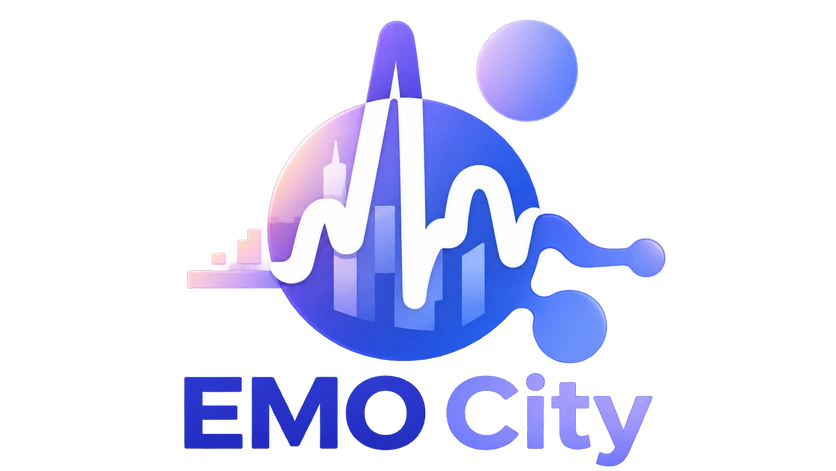 EMO City — purple city and heartbeat logo